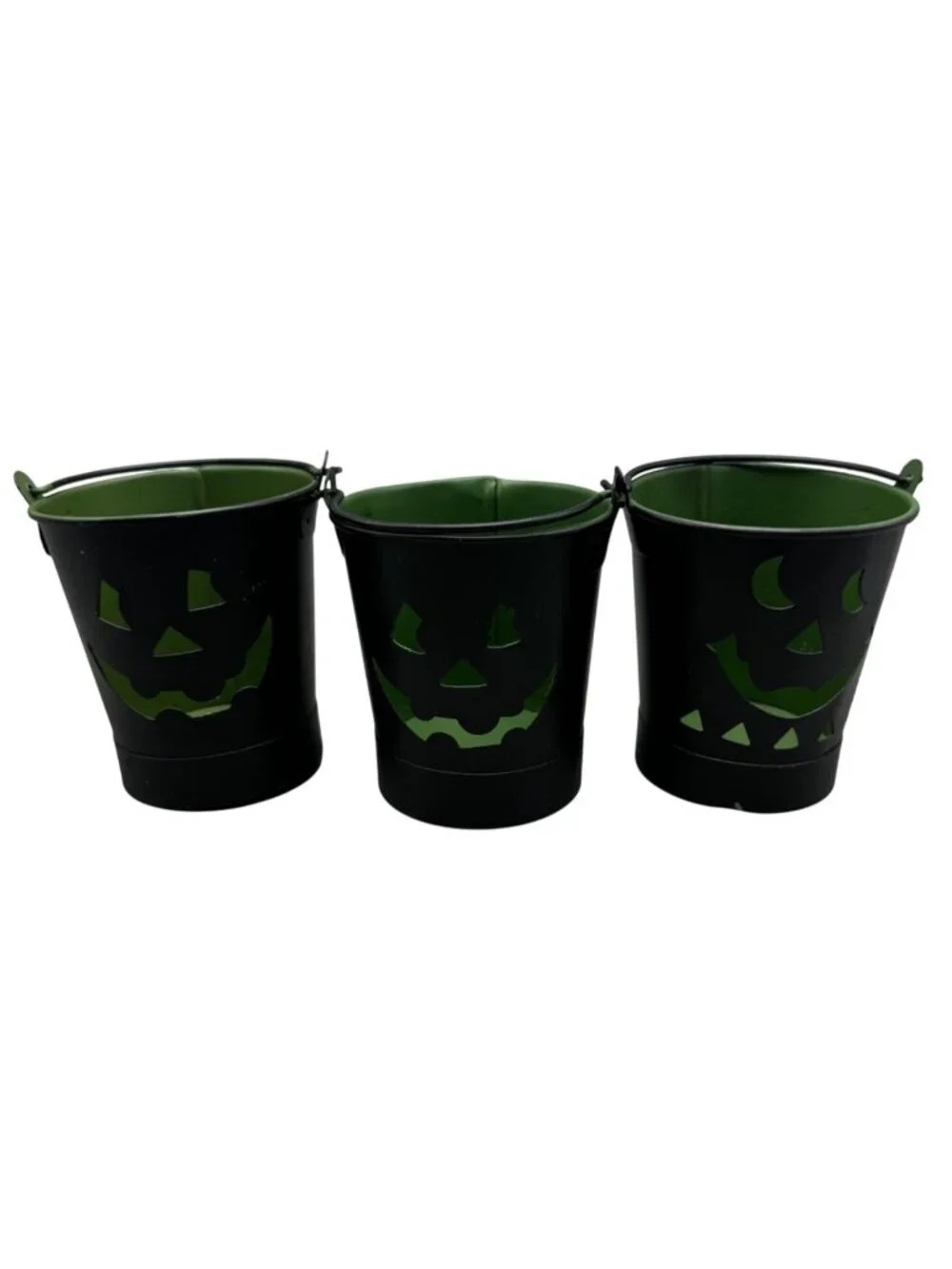 Set Of 3 Black Metal Buckets Green Jack-O-Lantern Tea light candle holders READ